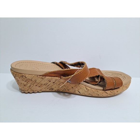 Crocs A-leigh Women's 9 Wedge Sandals Brown Leather Cork Strappy - Picture 3 of 10